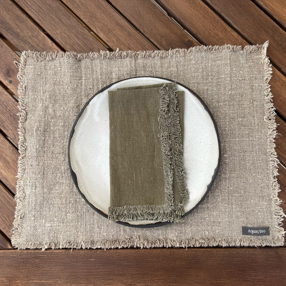 AquaVireo Fringed Coarse Linen Placemats / Pack of 4 / Natural