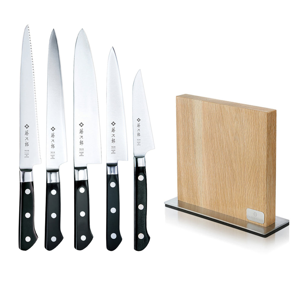 TOJIRO Classic 5 Piece Knife Set / Chef's Knife with Magnetic Knife Block / Oak