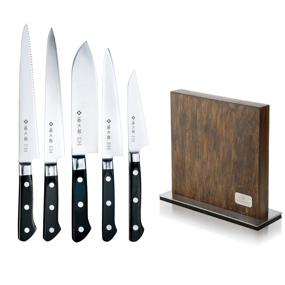 TOJIRO Classic 5 Piece Knife Set / Santoku with Magnetic Knife Block / Ash