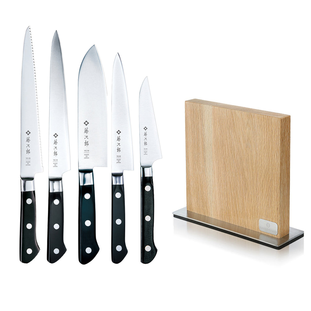 TOJIRO Classic 5 Piece Knife Set / Santoku with Magnetic Knife Block / Oak